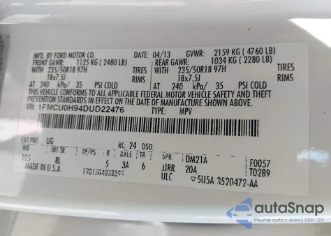 2013 Ford Escape Sel from USA, damaged, VIN 1FMCU0H94DUD22476